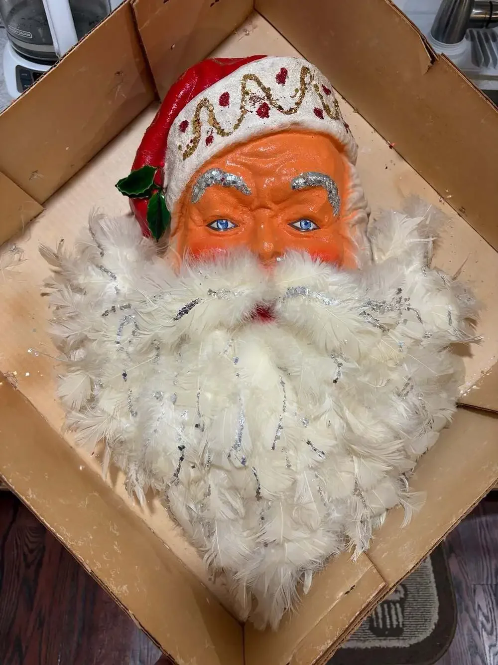 Vintage Large Hanging Paper Mache Santa Head Feather Beard Blue Eyes 22